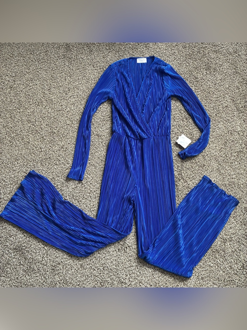 🏈 NWT Women's Blue Pleated Long-Sleeve Jumpsuit